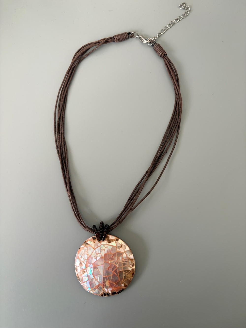 Brown Cord Necklace with Iridescent Mosaic Pendant